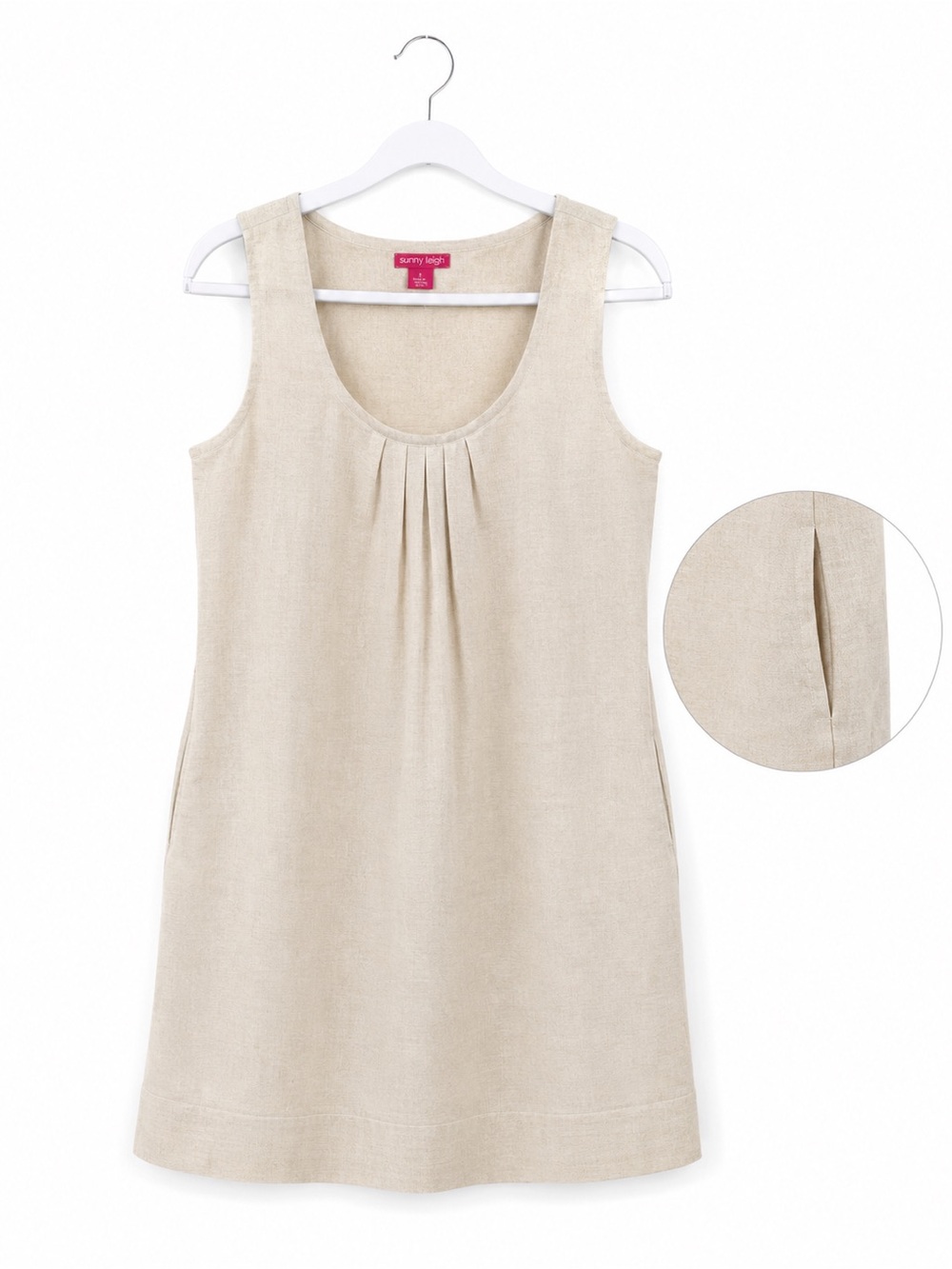 Sunny Leigh Neutral Beige Sleeveless Pleated Shift Dress.